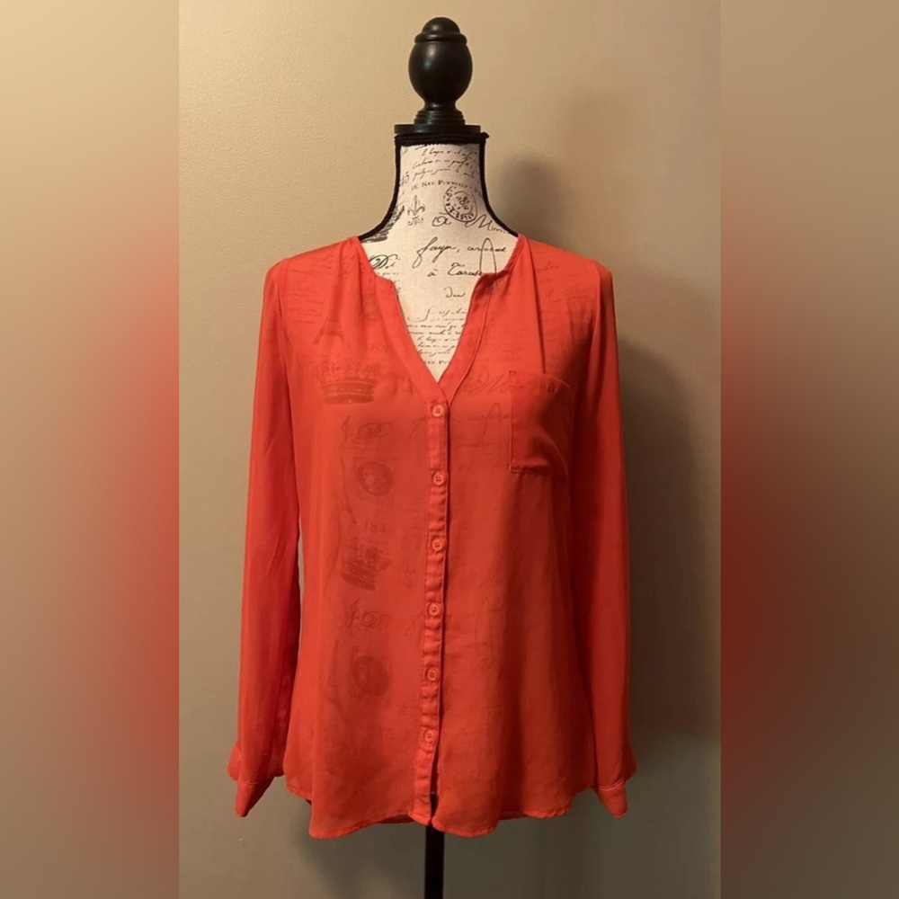 Six Degrees of Separation Medium Orange Sheer Blouse with Adjustable Sleeves